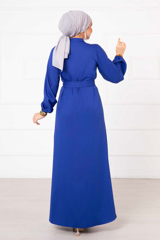 Button Detailed Mobile Belted Modest Dress in Royal Blue