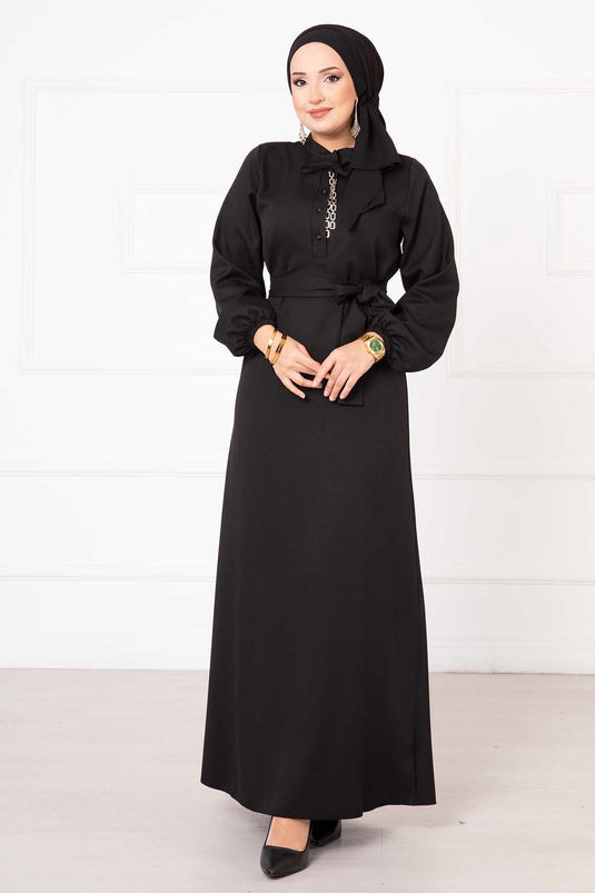 Button Detailed Mobile Belted Modest Dress Black