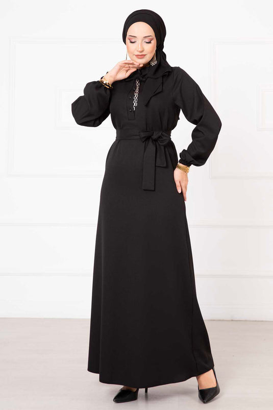 Button Detailed Mobile Belted Modest Dress Black