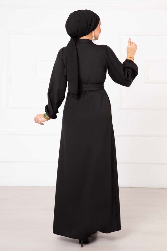 Button Detailed Mobile Belted Modest Dress Black