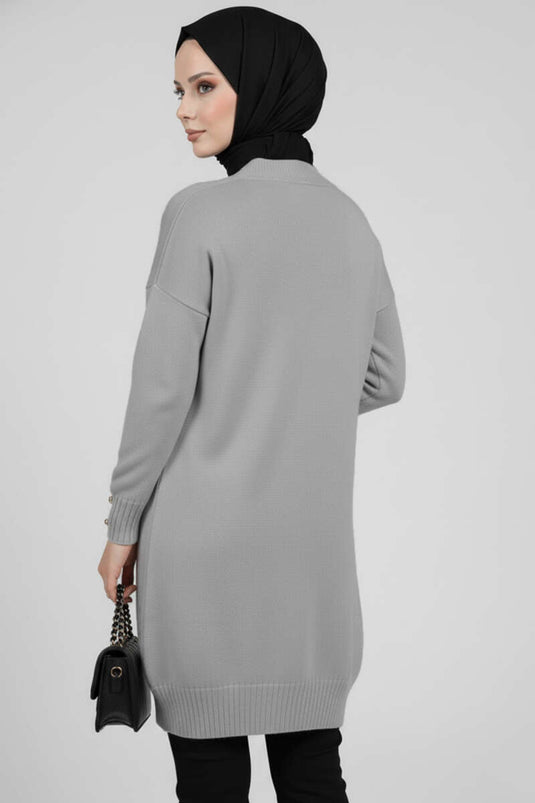 Button Detailed V-Neck Knitted Cardigan Gray