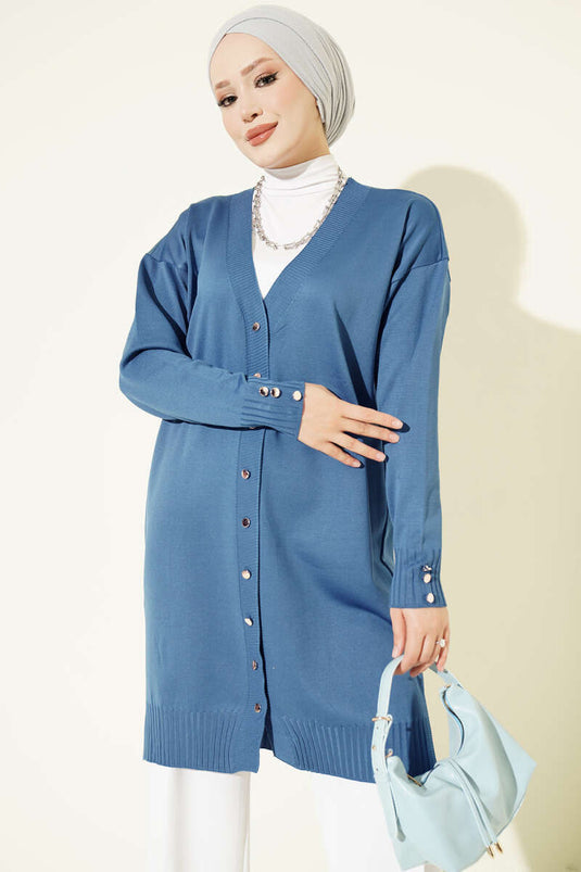 Indigo Strickjacke Mit Knöpfen Und V-Ausschnitt