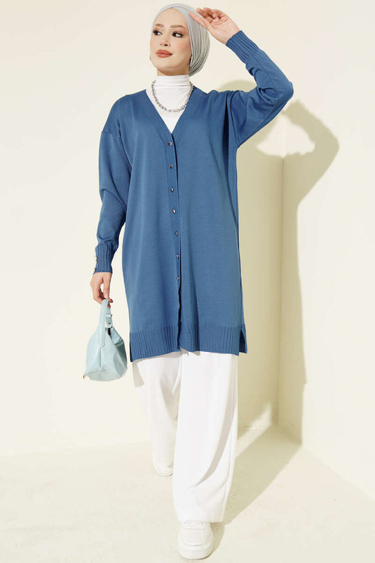 Indigo Strickjacke Mit Knöpfen Und V-Ausschnitt