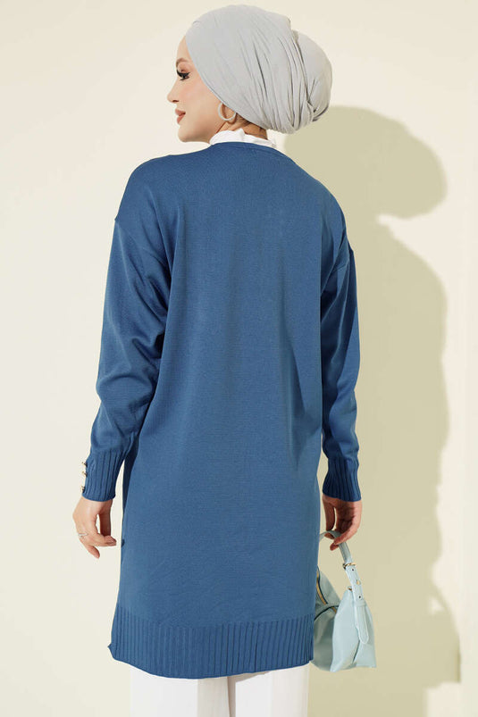 Indigo Strickjacke Mit Knöpfen Und V-Ausschnitt
