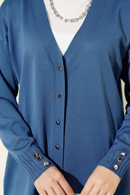 Indigo Strickjacke Mit Knöpfen Und V-Ausschnitt
