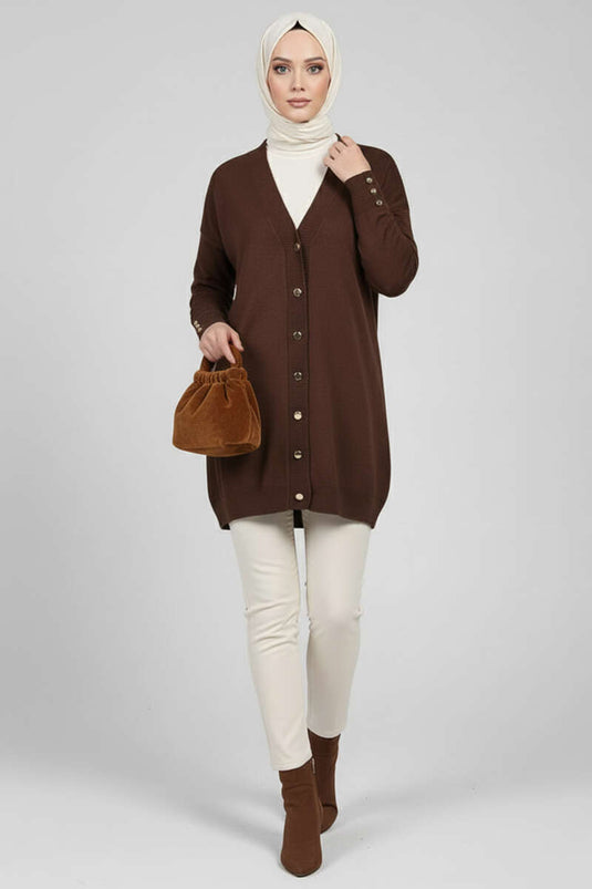 Button Detailed V-Neck Knitwear Cardigan Brown