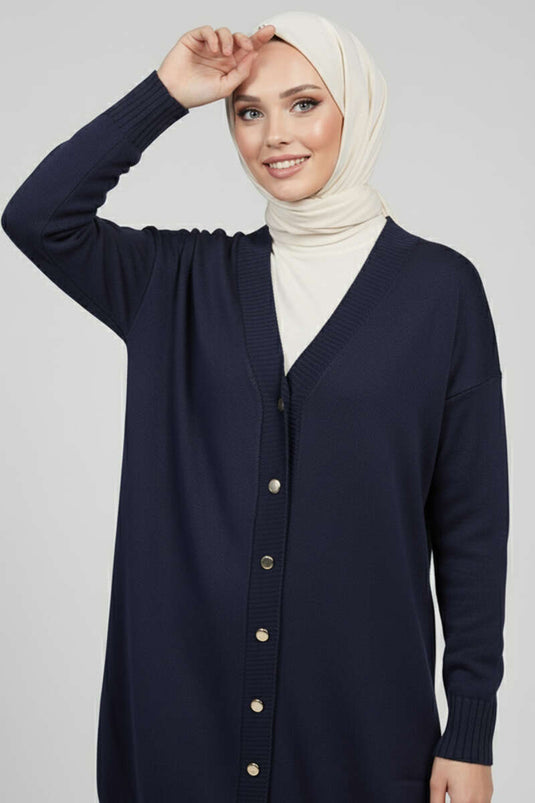 Button Detailed V-Neck Knit Cardigan Navy Blue