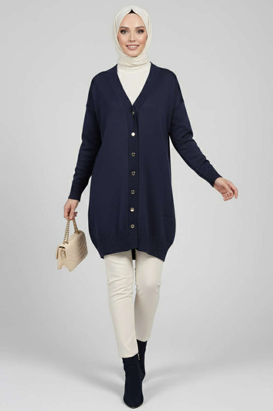 Button Detailed V-Neck Knit Cardigan Navy Blue