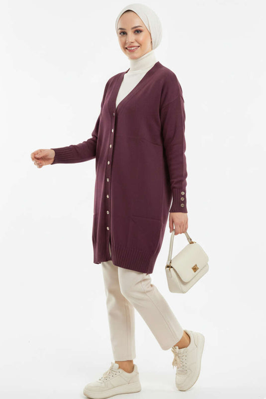 Button Detail V-Neck Knit Cardigan In Mauve