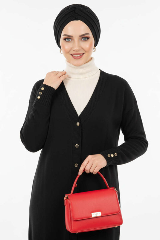 Cardigan tricoté à col en V et boutons détaillés noir