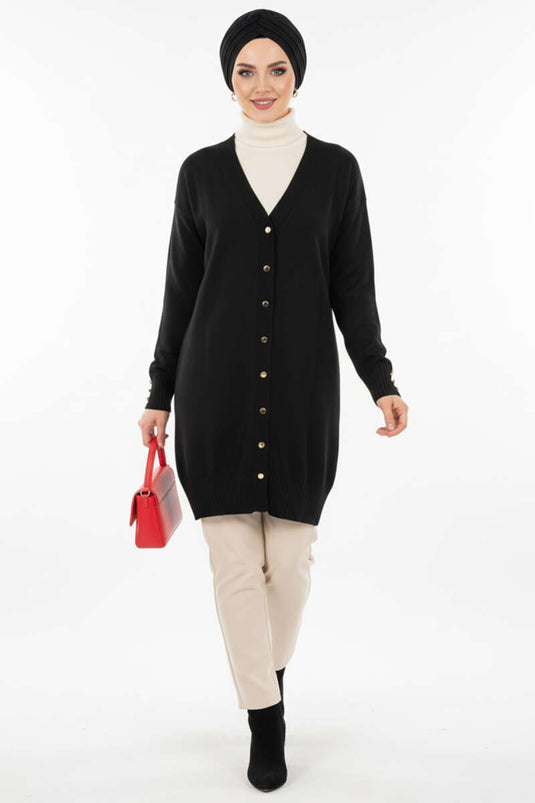 Cardigan tricoté à col en V et boutons détaillés noir