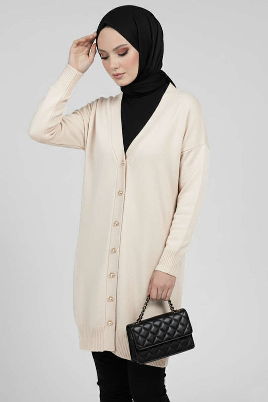 Button Detailed V-Neck Knitted Cardigan Stone