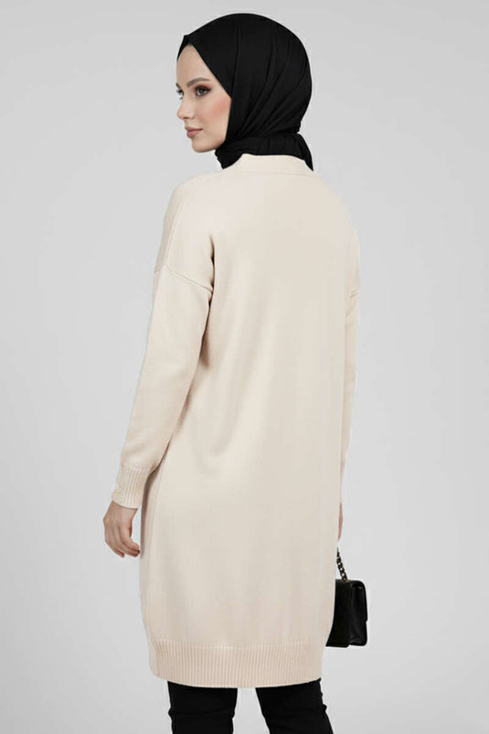 Button Detailed V-Neck Knitted Cardigan Stone