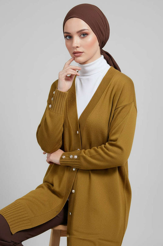 Button Detailed V-Neck Knitwear Cardigan Oil Green