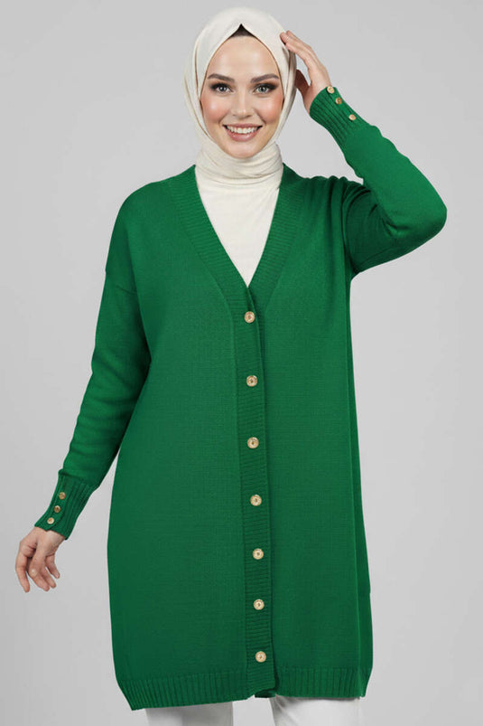 Cardigan en maille à col en V et boutons détaillés Émeraude