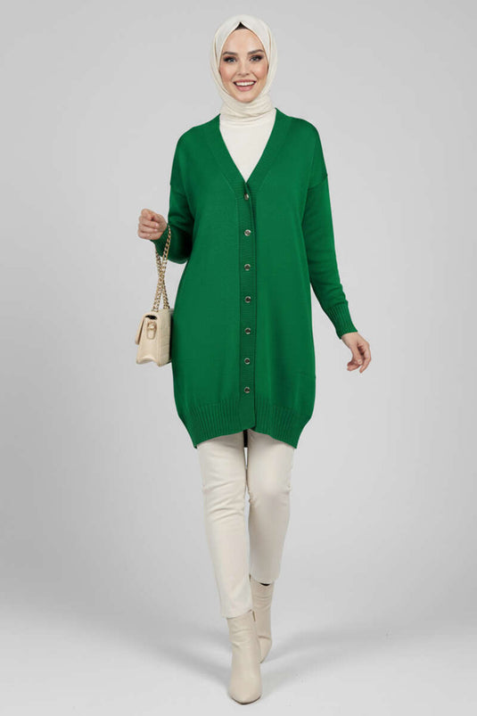 Cardigan en maille à col en V et boutons détaillés Émeraude