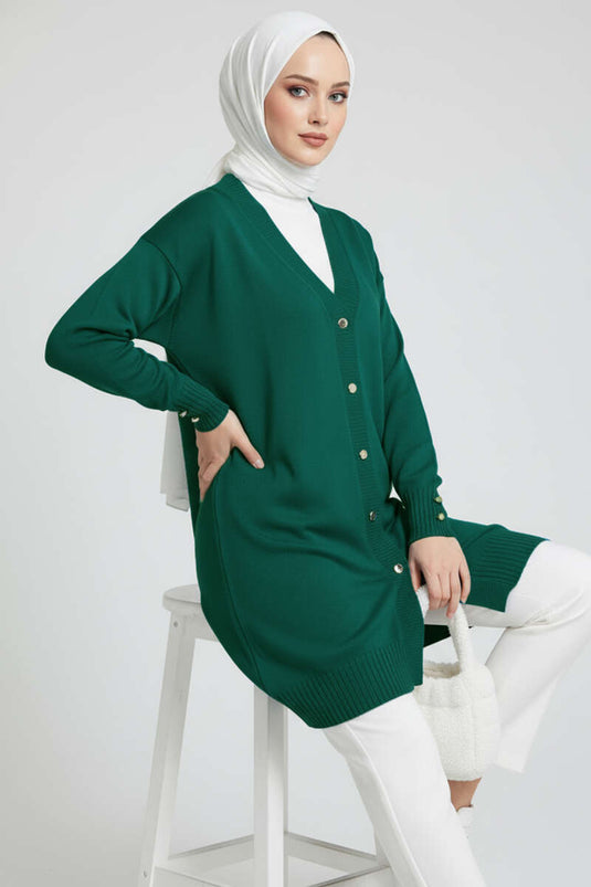 Emerald Knoopdetail V-Hals Gebreide Cardigan