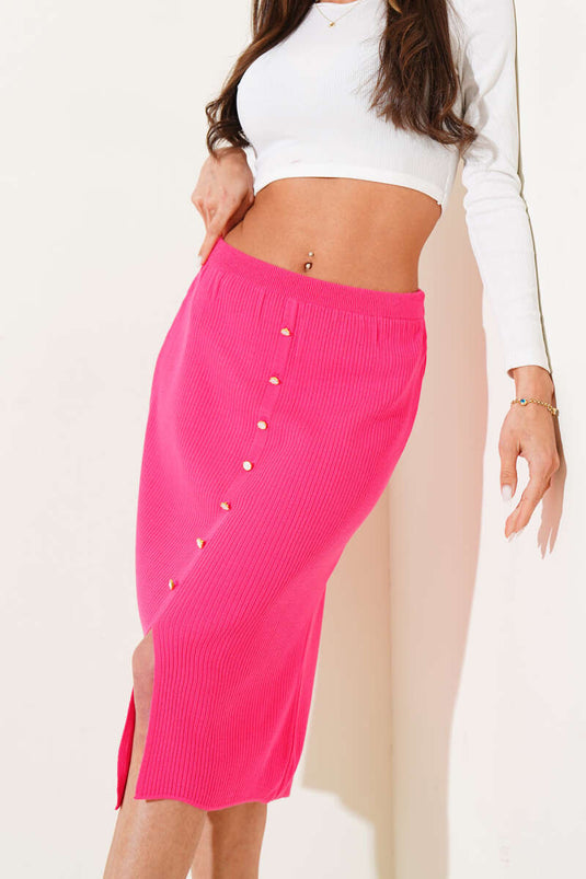Button Detailed Slit Knit Midi Skirt Fuchsia