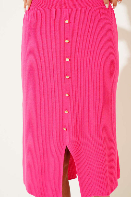 Strick-Midirock mit Knopfdetails und Schlitz, Fuchsia