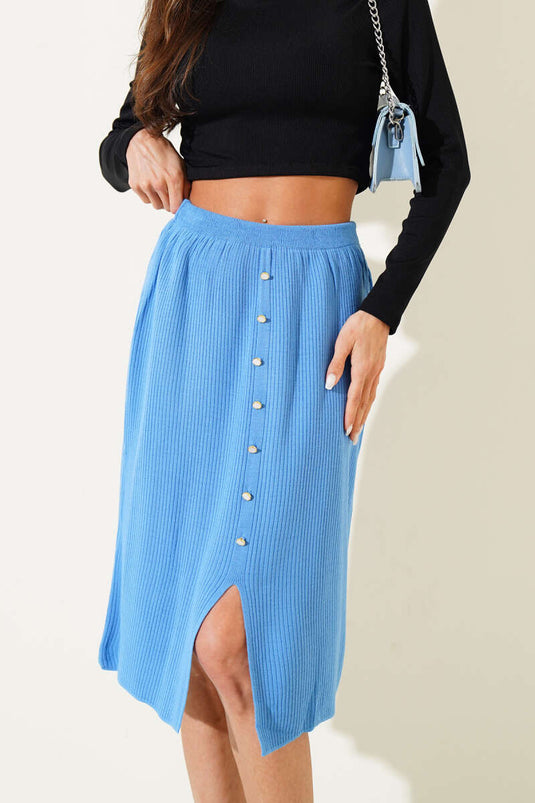 Button Detailed Slit Knit Midi Skirt Indigo