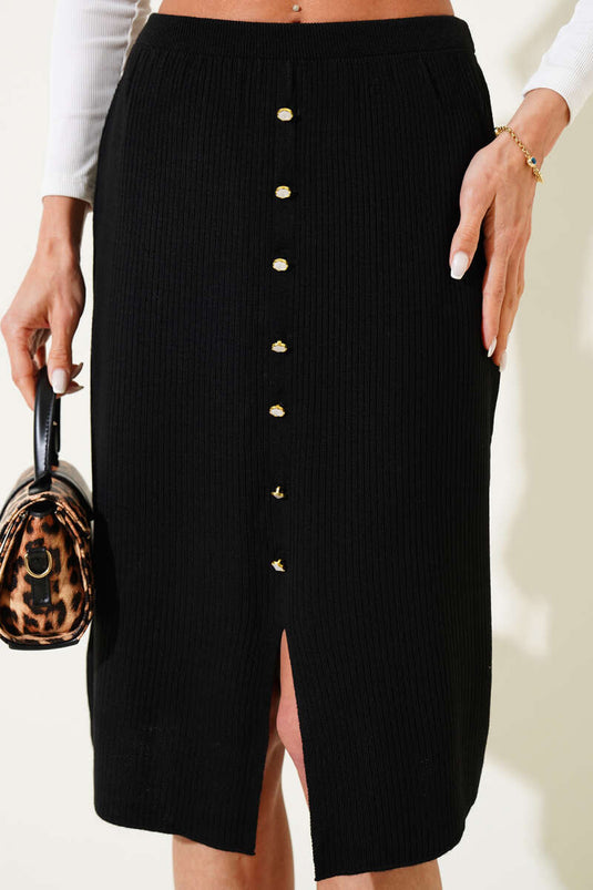 Button Detailed Slit Knit Midi Skirt Black
