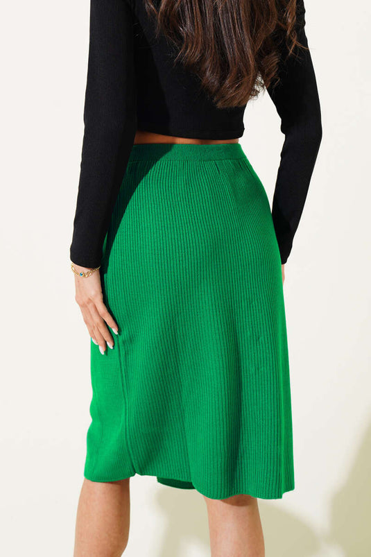 Button Detailed Slit Knit Midi Skirt Emerald