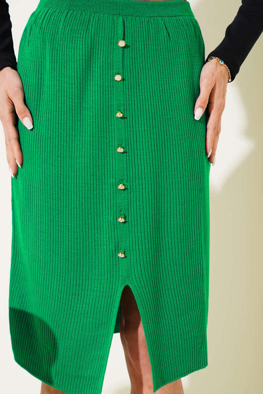 Button Detailed Slit Knit Midi Skirt Emerald