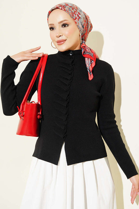 Cardigan In Maglia Nero Con Volant E Bottoni