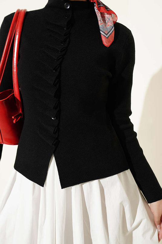 Cardigan In Maglia Nero Con Volant E Bottoni