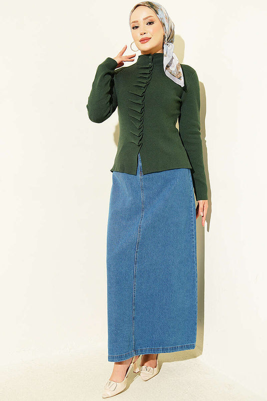 Knitted Vest Met Ruches En Knopen In Smaragdgroen