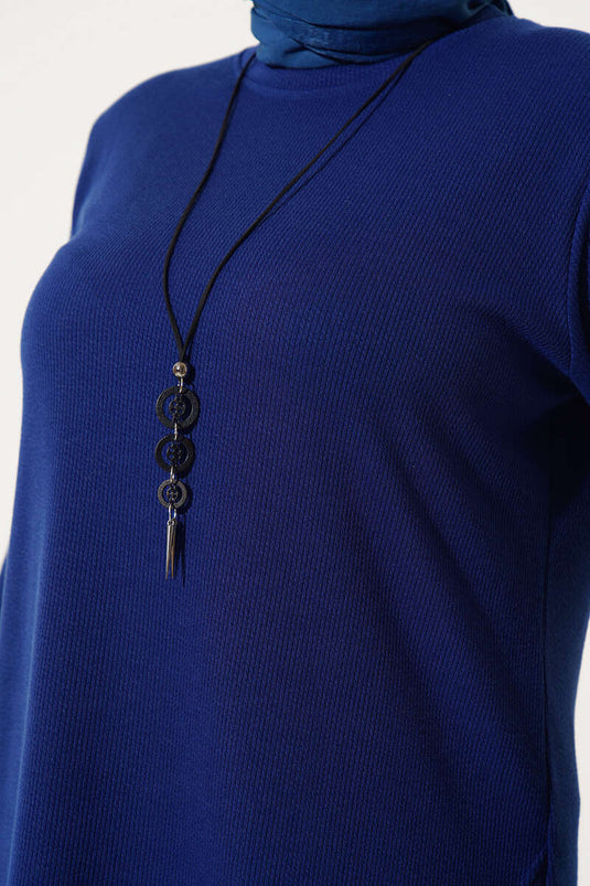 Collier Décoré de Boutons Tunique Longue Grande Taille Indigo