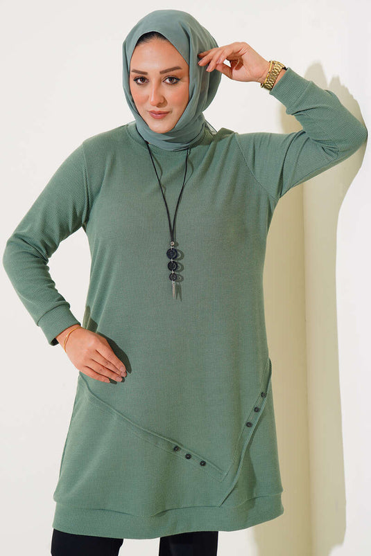 Tunique Longue Grande Taille avec Collier Décoré de Boutons Menthe