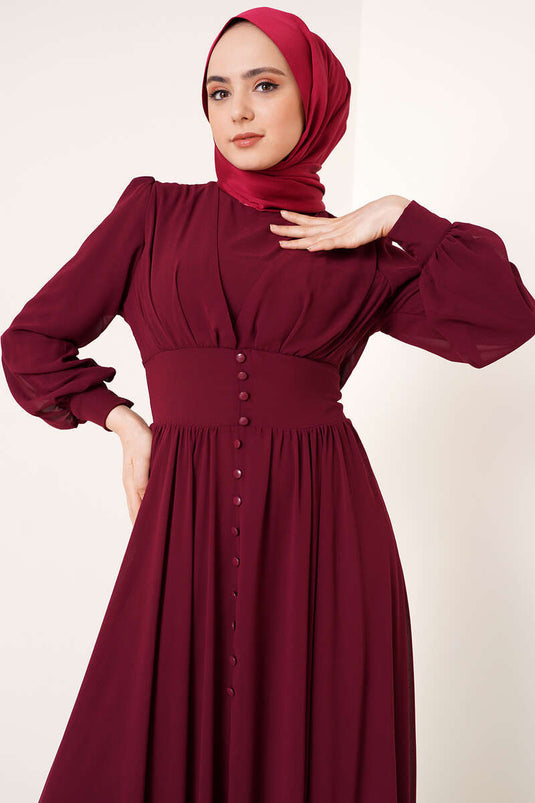 Robe En Mousseline De Soie Ornée De Boutons Rouge Claret