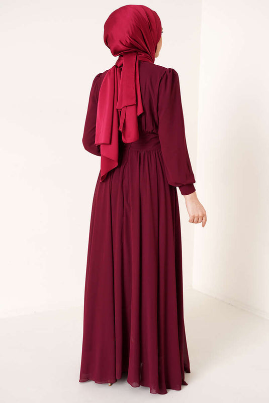 Robe En Mousseline De Soie Ornée De Boutons Rouge Claret