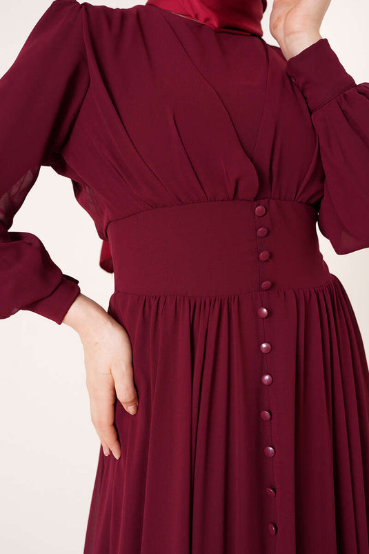 Robe En Mousseline De Soie Ornée De Boutons Rouge Claret