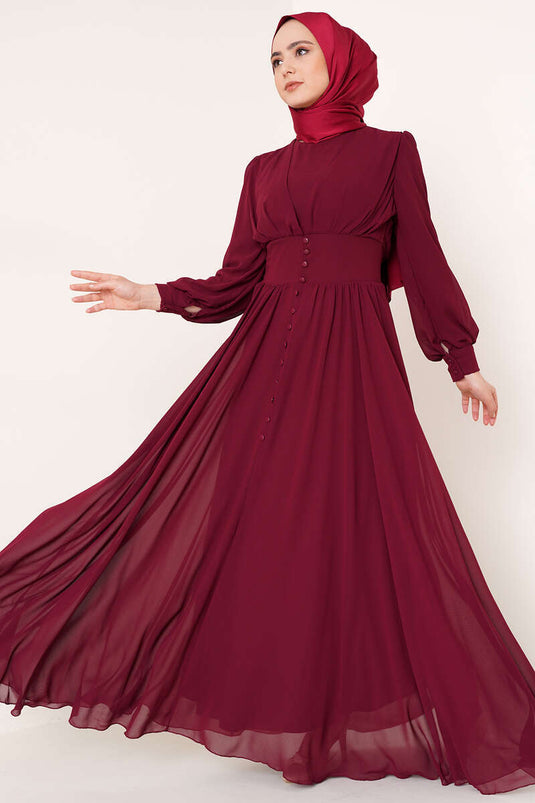 Robe En Mousseline De Soie Ornée De Boutons Rouge Claret