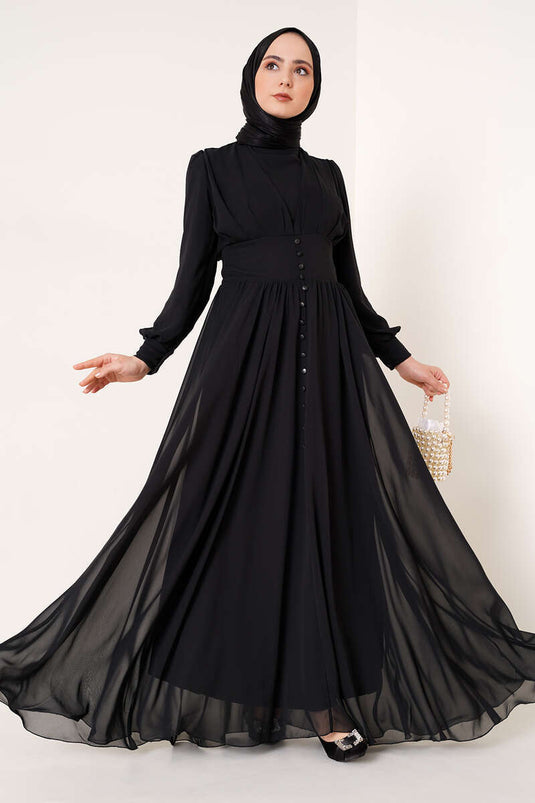 Robe En Mousseline Ornée De Boutons Noir