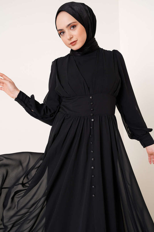 Robe En Mousseline Ornée De Boutons Noir