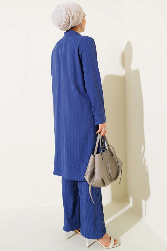 Düğmeli Ağaç Kabuğu İkili Takım İndigo