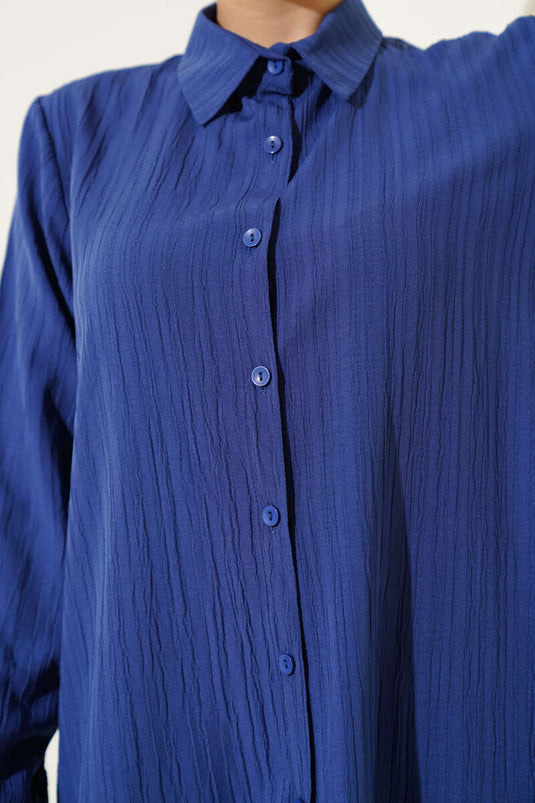 Düğmeli Ağaç Kabuğu İkili Takım İndigo