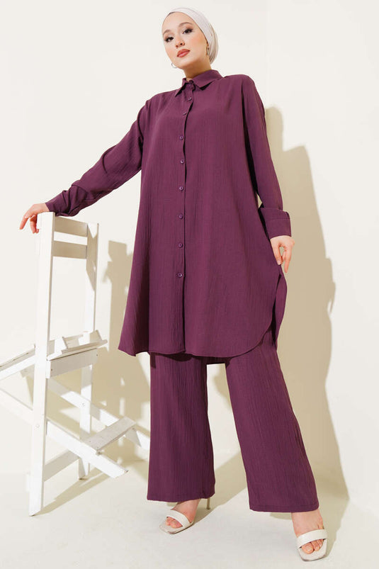 Zweiteiliges Set aus geknöpfter Baumrinde in Damson