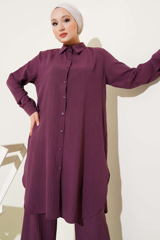 Zweiteiliges Set aus geknöpfter Baumrinde in Damson