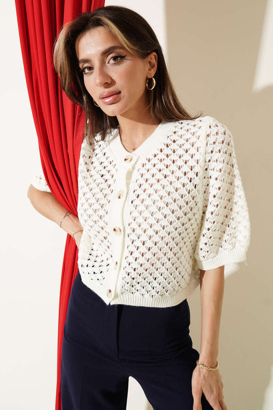 Cardigan court ajouré à boutons écru