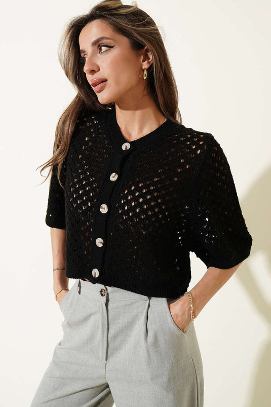 Black Short Cardigan with Buttons and Openwork Design