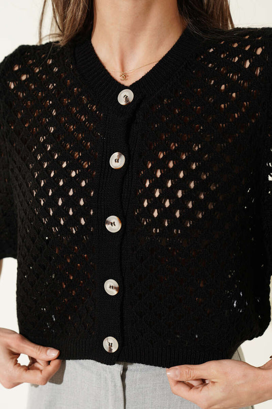 Black Short Cardigan with Buttons and Openwork Design
