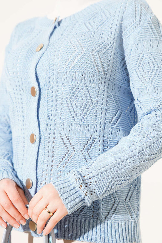 Cardigan court en tricot ajouré à boutons bleu