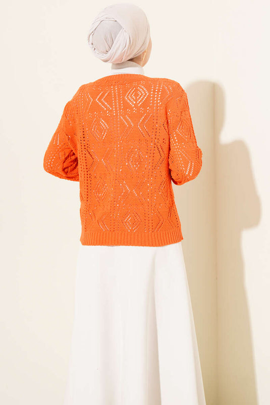Düğmeli Ajurlu Kısa Triko Hırka Oranj