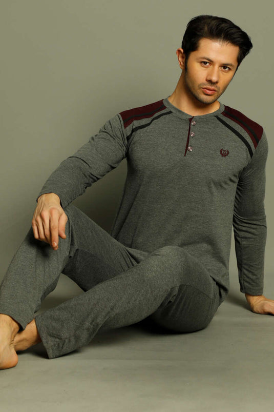 Düğmeli Armalı Erkek Pijama Takımı Füme Bordo