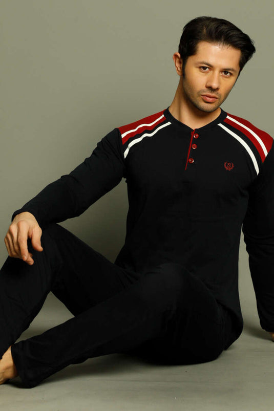 Düğmeli Armalı Erkek Pijama Takımı Lacivert Bordo