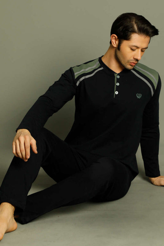 Düğmeli Armalı Erkek Pijama Takımı Lacivert Haki